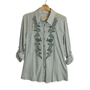 Soft Surroundings Anisa Green Striped Tunic Long Embroidered Beaded Button Up XL